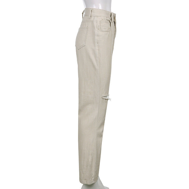 Casual Wide-leg Pants Ripped High-waist Denim Trousers
