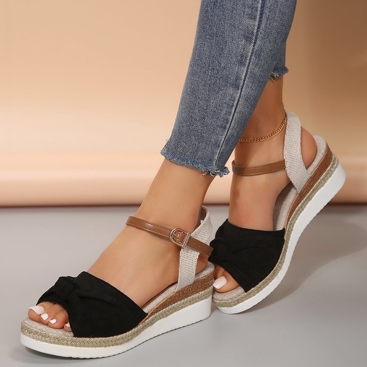 New Thick-soled Bow Sandals Summer Fashion Casual Linen Buckle Wedges Shoes For Women