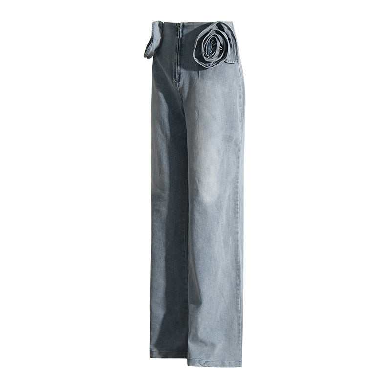 Design Stitching Three-dimensional Decoration Narrow High Waist Wide-leg Straight Pants