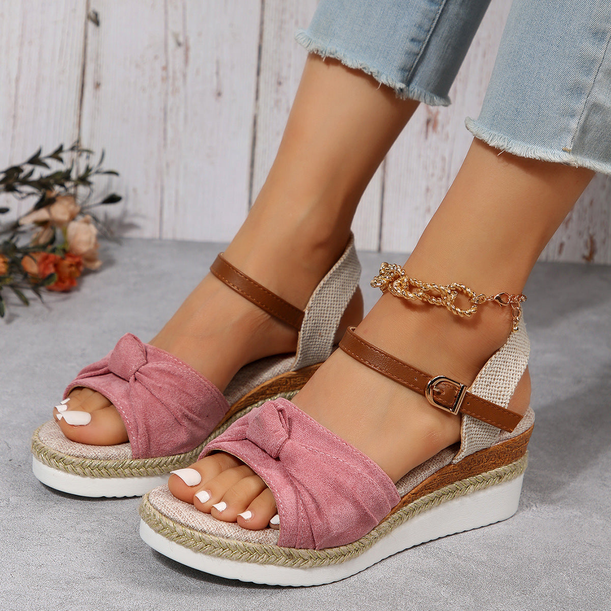 New Thick-soled Bow Sandals Summer Fashion Casual Linen Buckle Wedges Shoes For Women